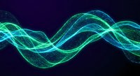 Abstract digital wave pattern with flowing green and blue lines on dark background for technology and data visualization projects.