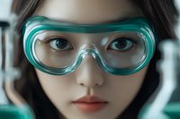 Young Asian woman wearing protective turquoise safety goggles in laboratory setting, close-up portrait showing determined expression and professional demeanor.