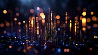 Glowing digital city skyline with illuminated data streams and bokeh light effects against dark background creates futuristic urban technology concept.