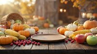 Autumn harvest table setting with pumpkins, corn, apples, and cranberries arranged on wooden surface with empty plate for seasonal dining and fall celebrations.