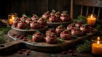 Chocolate cupcakes with cranberries and nuts on wooden boards, festive holiday dessert display with candles and evergreen branches for celebrations.