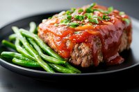 Glazed meatloaf topped with tomato sauce and fresh herbs served with steamed green beans on black plate, close up view of homestyle comfort food dinner.