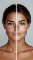 Split face portrait showing natural freckled skin compared with retouched complexion on white background, demonstrating beauty editing and skincare transformation effects.