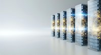 Multiple server towers displaying landscape scenery on screens, arranged in a row on white surface, representing data storage, cloud computing, and technology infrastructure for business applications.