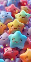 Colorful smiling star characters in pastel rainbow colors with cute kawaii faces and tiny glowing stars, creating magical childlike atmosphere for nursery art.