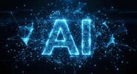 Glowing blue AI letters with connected network nodes and particles on dark background for artificial intelligence technology concepts and digital innovation designs.