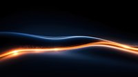 Glowing orange and blue light waves with sparkling particles flow against dark background creating dynamic energy effect for technology designs.