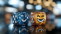 Playful smiling dice in blue and gold colors on reflective surface with bokeh background, showing happy emotions and gaming concept for entertainment design.