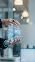 Businessman hands protecting holographic data visualization with charts and graphs in modern office environment for digital transformation concepts.