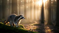 Raccoon standing on moss-covered log in sunlit forest with golden light rays streaming through trees creating magical woodland atmosphere.