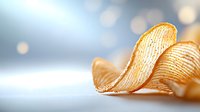 Crispy potato chips with ridged texture on blurred bokeh background, close-up view showing detailed waves and curves of single golden chip.