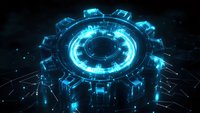Glowing blue futuristic gear mechanism with digital circuit patterns and light effects on dark background, technological concept for innovation and engineering.