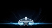 White virtual reality headset with glowing blue lenses on dark background, isolated for gaming, technology, and metaverse design projects.
