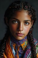 Close-up portrait of young woman with braided hair and striking eyes wearing colorful patterned scarf against dark background.