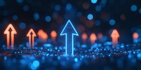 Glowing neon arrows pointing upward against dark background with blue and orange bokeh lights create futuristic business growth concept for financial presentations.
