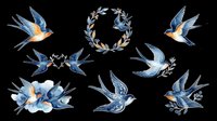 Swallows and birds in flight with watercolor details, isolated on transparent background, ready for t-shirt designs, clipart, stickers, sublimation, and print-on-demand projects.