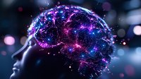 Glowing neural network in human head profile showing brain activity with purple and blue light effects, sparkles and connection points on dark background.
