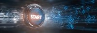 Digital start button with glowing interface elements and futuristic technology background for business applications and user interface design projects.