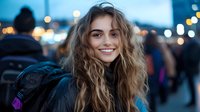 Young woman with wavy brown hair and bright smile wearing black jacket outdoors at dusk, city lights bokeh in background, natural lifestyle portrait.