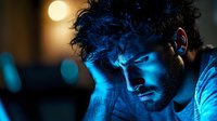 Young bearded man illuminated by blue light from electronic device screen at night, showing concentrated expression while working or browsing late hours.