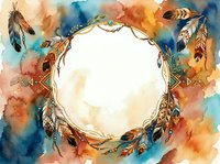 Watercolor feather frame with bohemian tribal patterns and warm autumn colors, isolated on white background for design projects and creative layouts.