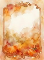Ornate vintage frame with warm watercolor wash in golden, orange, and cream tones, featuring decorative flourishes and botanical elements. Isolated on white background, ready for invitations, greeting cards, and design projects.