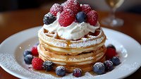 Fresh pancakes stacked and topped with whipped cream, raspberries, blueberries, and blackberries, dusted with powdered sugar on white plate, sweet breakfast.