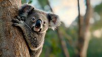 Curious koala bear peeking from behind eucalyptus tree trunk in natural habitat, showing facial expression and furry paw against blurred forest background.