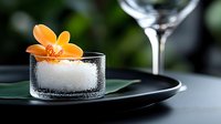 Elegant dessert presentation with orange orchid flower on white coconut powder in glass bowl on dark plate, fine dining restaurant atmosphere.