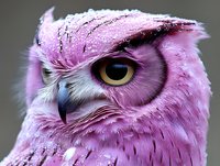 Close-up of pink owl with intense yellow eye against dark background, showcasing detailed feathers and distinctive facial features.