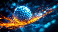 Golf ball surrounded by dynamic orange flame trails against dark blue bokeh background, dramatic sports concept with fire and motion effects for athletic designs.
