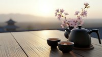 Japanese tea ceremony setup with cherry blossom branches in ceramic teapot and cups on wooden table during golden hour sunset creating peaceful zen atmosphere.
