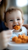 Joyful Caucasian baby eating orange puree food from spoon, showing genuine happiness while being fed. Parent's hand visible holding feeding utensil.