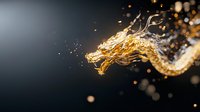 Majestic golden dragon formed by liquid splashes and droplets against dark background, creating dynamic motion effect with glowing particles and bokeh lights.