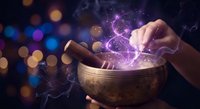 Hands holding mystical glowing bowl with purple magical energy and sparkling light effects against dark bokeh background for fantasy concepts.