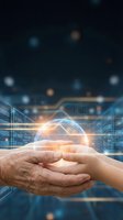 Adult and child hands holding glowing digital globe with circuit board patterns, representing global technology, innovation, and future connectivity for business and education concepts.