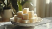 White marshmallows stacked on ceramic plate in natural sunlight with soft shadows, morning atmosphere on marble table surface with blurred background.