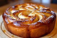 Fresh baked apple cake with sliced fruit arranged in spiral pattern on top, dusted with powdered sugar, served on wooden board, golden brown crust.