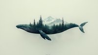 Surreal double exposure artwork combining whale silhouette with misty mountain forest landscape, evergreen trees and snow-capped peaks on neutral background.