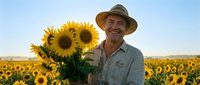 Middle-aged male farmer with light skin tone wearing straw hat and work shirt, holding sunflower bouquet in blooming field during harvest season.