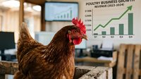 Brown hen in modern office with business growth chart showing poultry industry revenue increase on wall monitor behind desk workspace.