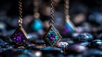 Elegant jewelry pendants with turquoise and purple gems on metal chains against dark stones, creating mystical mood with selective focus and bokeh effect.