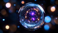 Magical glass sphere with glowing galaxy inside reflects cosmic universe against blurred bokeh background. Mystical crystal ball captures space and stars.