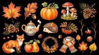 Autumn fall season collection with maple leaves, pumpkin, mushrooms, hedgehog, fox, teapot, berries, acorns, and wreath isolated on transparent background. Ready for t-shirts, stickers, clipart, and print-on-demand designs.