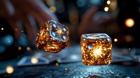 Glowing magical cubes with golden light effects floating above reflective surface against dark background with bokeh lights, mystical fantasy atmosphere.