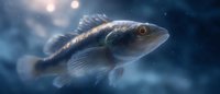 Majestic freshwater fish swimming in deep blue mysterious waters with glowing bokeh lights and ethereal atmosphere, detailed scales and fins illuminated by moonlight.