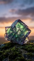 Fluorite crystal specimen with green and purple hues on moss-covered rock against dramatic sunset sky for geology and mineral collection displays.