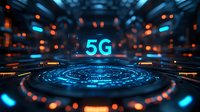 Futuristic 5G technology concept with glowing blue hologram display on dark background, showcasing next-generation wireless connectivity for digital communications.