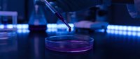 Young scientist conducting laboratory research, pipetting purple liquid into petri dish in modern biotech facility with glowing equipment for medical and scientific applications.