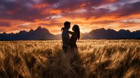 Romantic couple silhouette embracing in golden wheat field at sunset with dramatic orange sky and mountain range backdrop for wedding concepts.